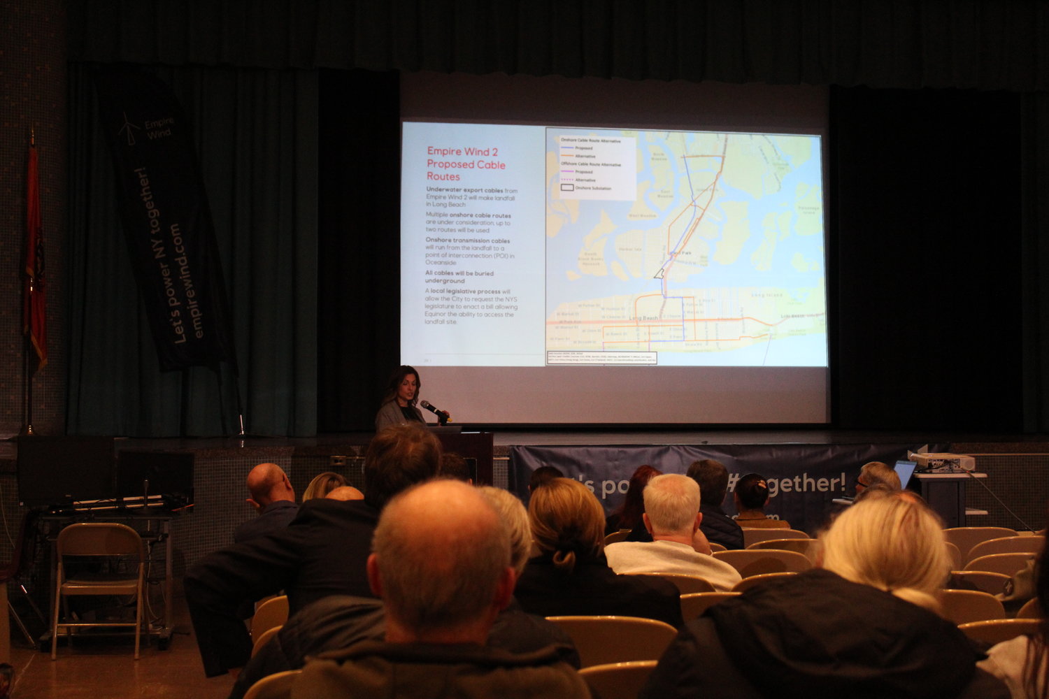 Island Park residents came out in droves to learn about the $3 billion Empire Wind project coming to Long Island’s South Shore. On the screen is the proposed cable routes through Island Park parallel to the Long Island Rail Road.